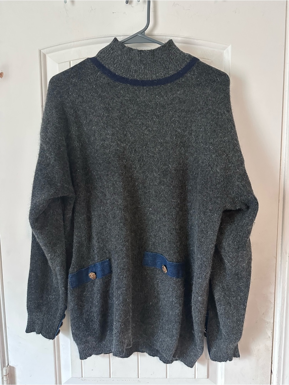 VTG Cedars Charcoal Lambswool Angora Blend Sweater Navy Denim Trim Gold Buttons